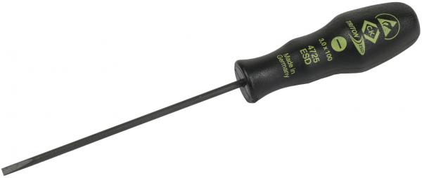 The image shows a long, thin screwdriver with a black, textured handle. Green lettering and numbers are printed on the handle. The blade is slim and straight.