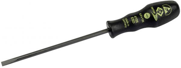 Das Bild zeigt einen Schraubendreher mit einem langen, schlanken Metallschaft und einem schwarzen, rutschfesten Griff. Der Griff hat gelbe Marken und ist ergonomisch geformt.