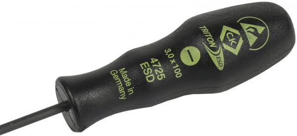 The image shows a black screwdriver with an ergonomic handle. On the handle, there are green characters indicating the size and origin, as well as the ESD symbol. The blade is inserted.