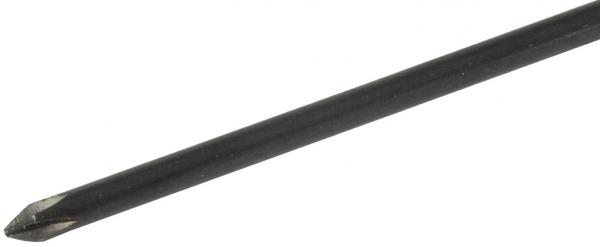 The image shows a black screwdriver with a slim, straight handle and a pointed, flattened blade at one end. The blade has a straight shape, suitable for screws with a corresponding recess.