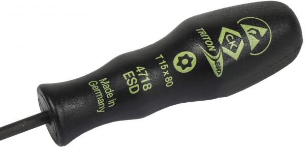 Das Bild zeigt einen schwarzen Schraubendreher mit ergonomischem Griff. Auf dem Griff sind grüne Schriftzüge und Symbole zu sehen, die Informationen über Typ und Hersteller enthalten.