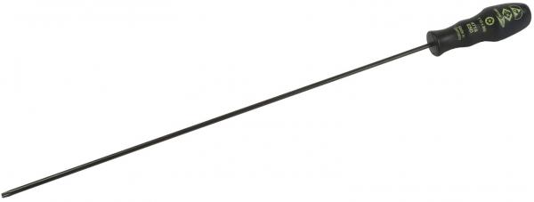 The image shows a long screwdriver with a black handle and a slim, rust-free steel tip. The handle has a non-slip texture and logos.