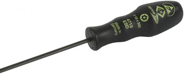 The image shows a screwdriver with a long, thin metal shaft and a black, ergonomically shaped handle. Information such as size and manufacturer are printed on the handle.