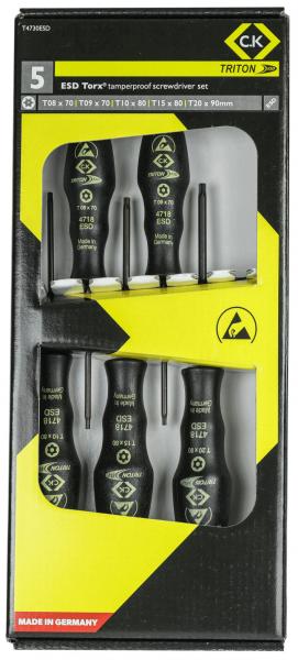 The image shows a screwdriver set with five Torx screwdrivers in a package. The handles are black with yellow and white markings. The dimensions are printed.
