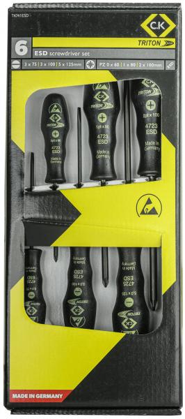 The image shows a package with a set of six ESD screwdrivers. The shafts are black with yellow and green accents. The packaging includes information about the sizes of the screwdrivers.