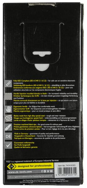 The image shows a black package with white and colorful texts. The back contains various information about safety, quality, and usage. There are symbols for electrical safety visible.