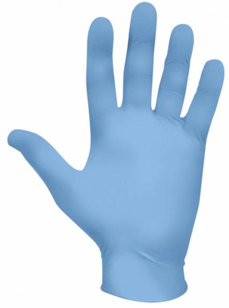 Das Bild zeigt eine Hand in einem hellblauen Einweghandschuh. Die Finger sind leicht gespreizt, die Handfläche ist sichtbar, und der Handschuh wirkt smooth und elastisch.