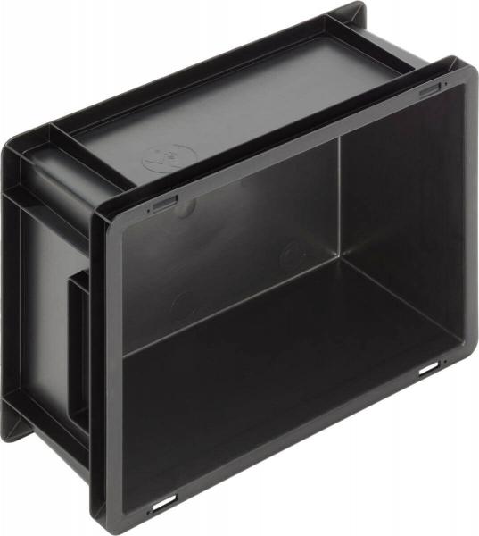 Das Bild zeigt eine rechteckige, schwarze Kunststoffbox. Sie hat eine glatte Oberfläche und ist offen, sodass der Innenraum sichtbar ist. Die Kanten sind scharf und klar definiert.