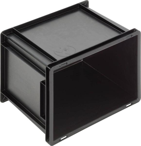Es handelt sich um eine schwarze, rechteckige Kunststoffbox ohne Deckel. Die Vorderseite ist offen, und an einer Seite befindet sich ein kleiner Schlitz. Die Box hat eine glatte Oberfläche.