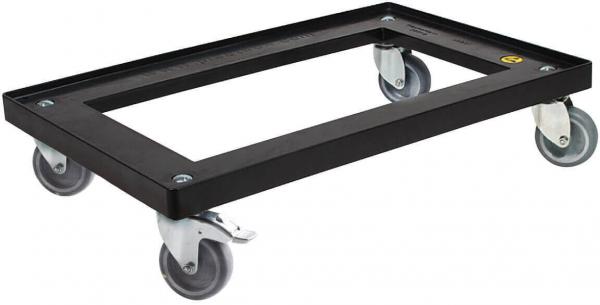 The image shows a black, rectangular transport furniture with four wheels. The frame is flat and has an open center to easily place and move objects on it.