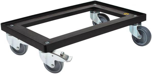 The image shows a black transport tray in rectangular shape with four movable wheels. The corners are rounded, and the wheels can rotate 360 degrees.