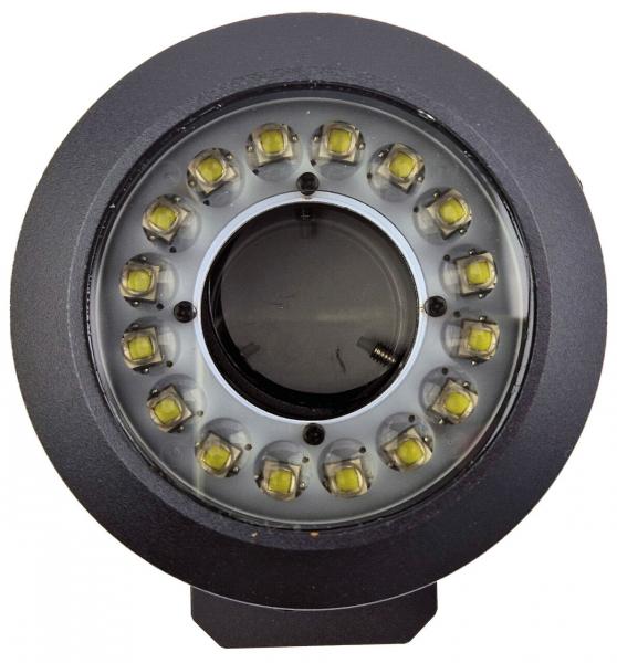 Das Bild zeigt eine runde LED-Leuchte mit einem inneren, dunklen Bereich. Um diesen Bereich sind gleichmäßig angeordnet 16 kleine, hellgelbe LED-Lampen, umgeben von einem schwarzen Gehäuse.