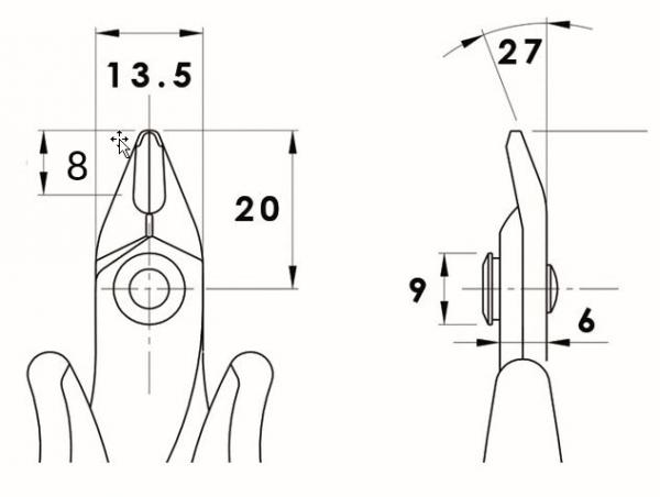 Das Bild zeigt technische Zeichnungen von Zangen. Links ist die Vorderansicht mit Maßen angegeben: 13,5 mm Breite, 20 mm Höhe, 8 mm Abstand. Rechts ist eine Seitenansicht mit 27 mm Länge.
