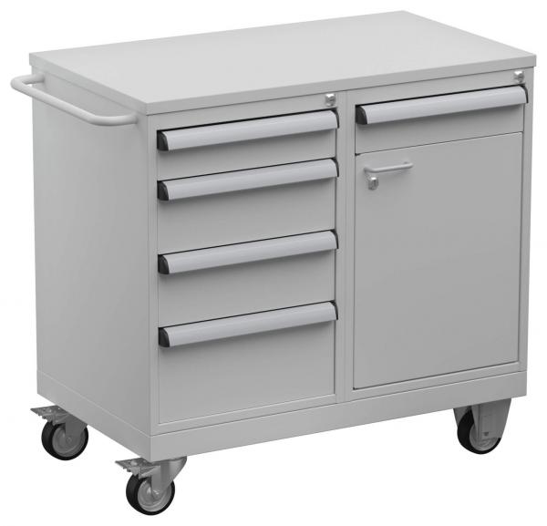The tool cart is gray and has a flat top. It features four drawers and a door compartment on the left side. Casters allow for easy movement. A side handle is present.