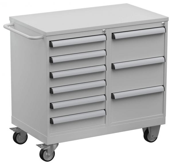 The image shows a gray tool cart on wheels with a work surface on top. It has five drawers on the left side and two drawers on the right side with long handles.