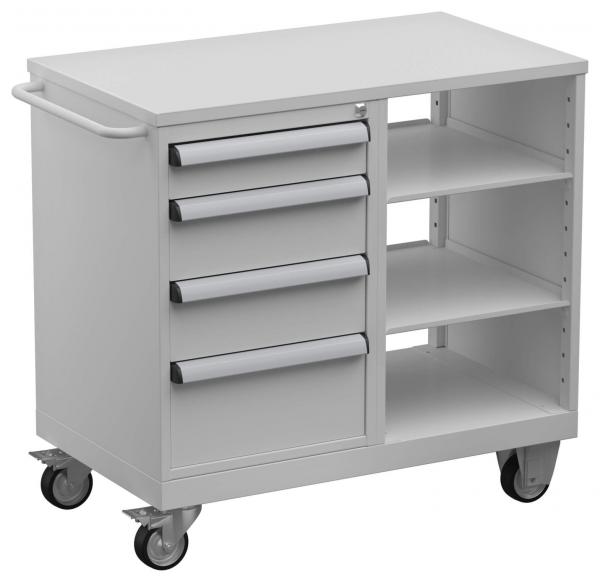 The image shows a white rolling cabinet with a smooth top, four drawers on the left side, and an open shelf on the right. It has wheels and a handle for pushing.