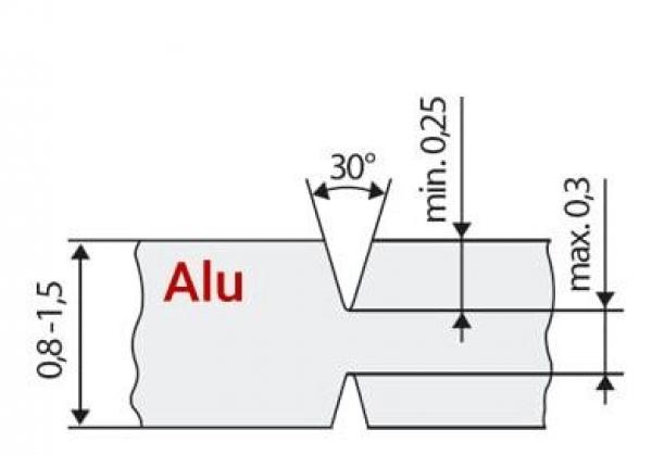 Das Bild zeigt ein technisches Diagramm mit einer Schnittdarstellung eines Aluminiumprofils. Es sind Maße und Winkel eingezeichnet, darunter ein Text in Rot, der "Alu" anzeigt.