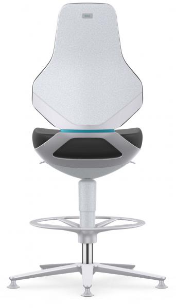 The image shows a modern swivel chair with a light, simple backrest and a dark seating area. The chair has a metallic base with casters and a foot ring.