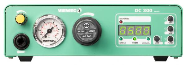 The image displays a green device featuring an analog gauge, a rotary knob, and a digital display. The top reads "VIEWEG DC 300". There are buttons for operational settings.