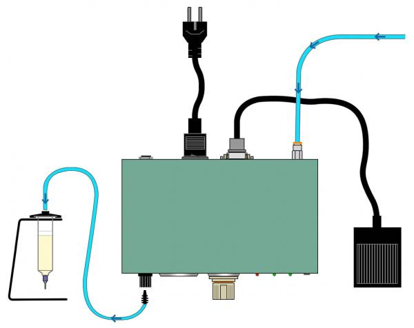 The image shows a mechanical device with a green casing, multiple tubes, a power plug, and a container for liquid. Various connectors are visible.
