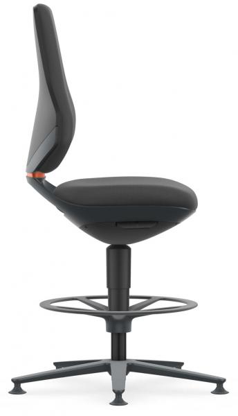 The chair has a black, curved backrest and a padded seat. It stands on a stable base with a round footrest and is height adjustable.