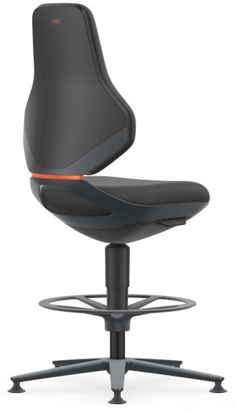The image shows a stylish, black swivel chair with a medium-high back. The seat is padded, and the chair has footrests as well as a simple, modern base.