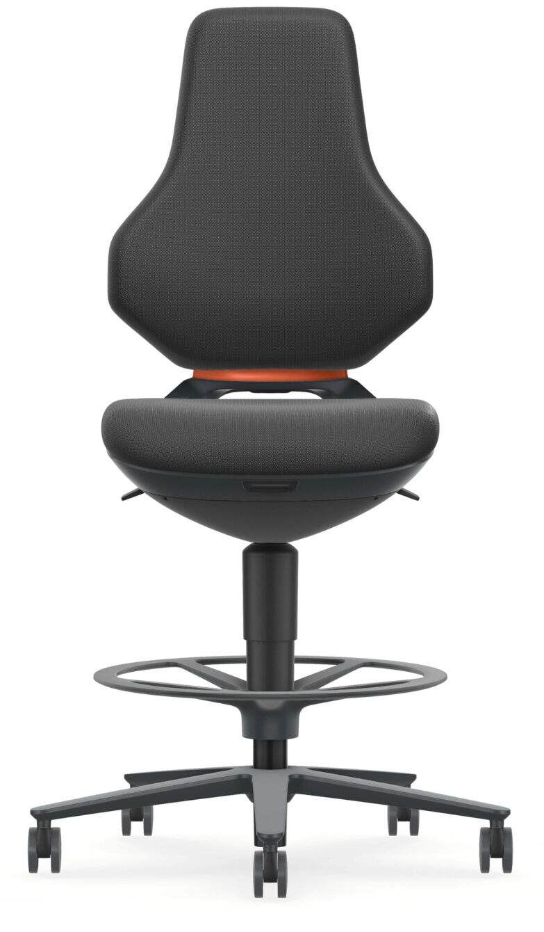 The image shows a modern office chair with a high, ergonomically shaped back. The seat is round and cushioned, mounted on a sturdy base with casters and an outer ring for footrest.