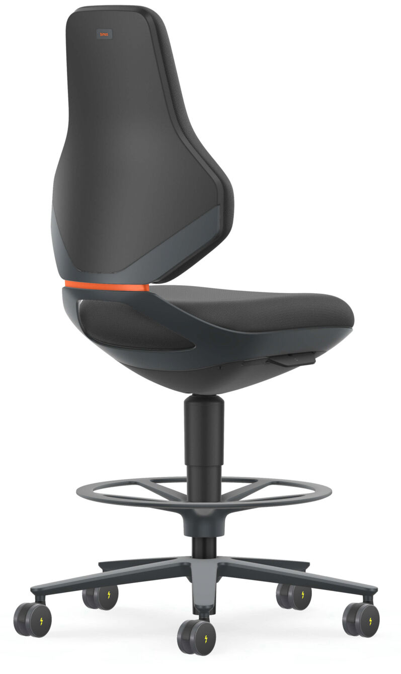 The chair features an ergonomic backrest and a padded seat, both in black. It stands on a swivel base with five casters and includes a footrest.