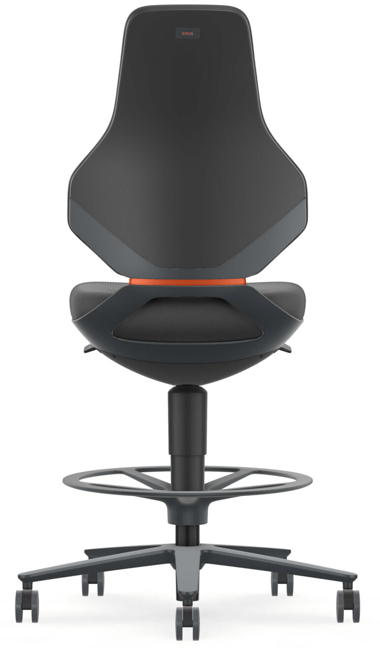 The image shows a modern swivel chair. It has a tall, ergonomic backrest and a padded seat. The base is black with casters and a round footrest.