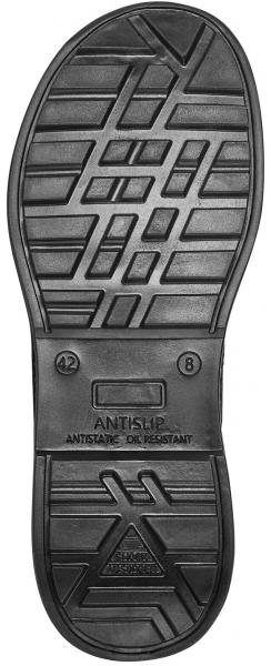 The image displays the underside of a black shoe. The sole features a textured pattern with grooves and lines. Labels such as "ANTISLIP" and "OIL RESISTANT" are visible.