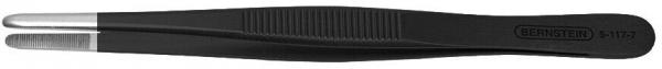The image shows a black tweezer with one smooth and one serrated edge. The tweezer has narrow tips and a sturdy handle that fits well in the hand.