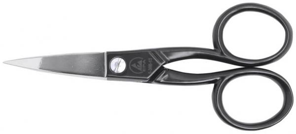 The image shows a pair of scissors with black plastic handles and a shiny, pointed blade. The handles are round in shape and symmetrical. The scissors appear sharp and functional.