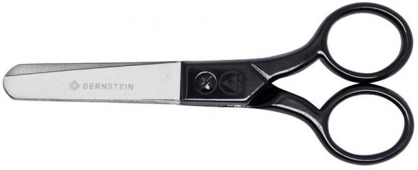 The image displays a pair of scissors with a shiny, narrow blade and black, round handles. The blade features a distinctive manufacturer's imprint.