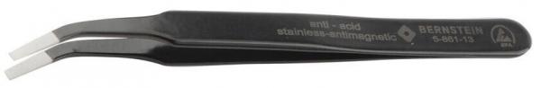 The image shows a black, pointed tweezer with a serrated end. It is made of stainless, anti-magnetic material and has a smooth surface.