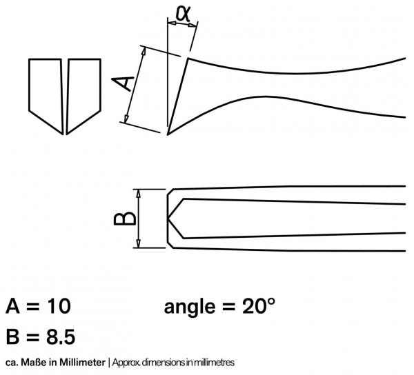 The image displays technical drawings of a shape with two dimensions: A (10 mm) and B (8.5 mm). There is an angle of 20°. The shapes are schematically illustrated.