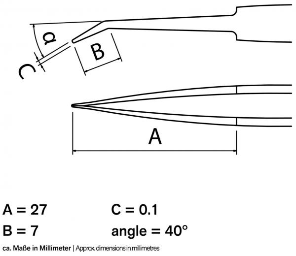 The image shows a technical drawing of a pair of pliers. Dimensions are provided: A = 27 mm, B = 7 mm, C = 0.1 mm. An angle of 40° is also displayed. The illustration conveys precise dimensions.