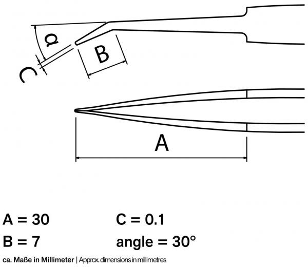 The image shows a technical drawing of a tool, likely a pair of tweezers. It includes dimensions (A, B, C) in millimeters and an angle of 30°.