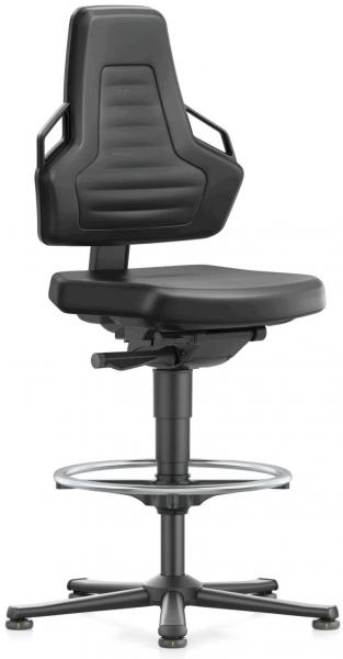 The image shows a black swivel chair with a high backrest and armrests. The seat is padded and the base has five casters. A foot ring complements the design.