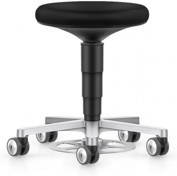 The stool has a round, black seat and a metal base. It stands on five casters, which provide it mobility. The stand is height adjustable.