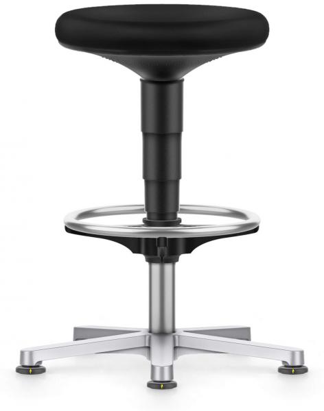 The image shows a black stool with a round seat. It features an adjustable-height stand and a chrome footrest. The base has four silver legs.