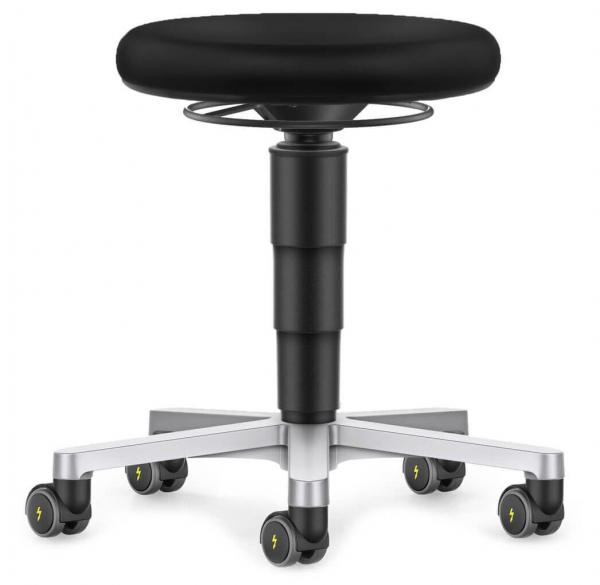 The image shows a black stool with a round seat and a sturdy, adjustable base. It has five silver casters and a black-gray central column for movement.