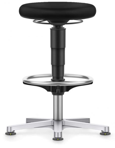 The stool has a round, black seat and an adjustable height. It stands on a sturdy, chrome-plated base with five casters. The base is in a star-shaped design.