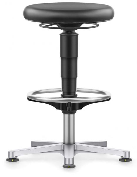 The image shows an adjustable stool with a round, black seat and a sturdy, silver metal frame. The stool has five legs and a central, adjustable column.