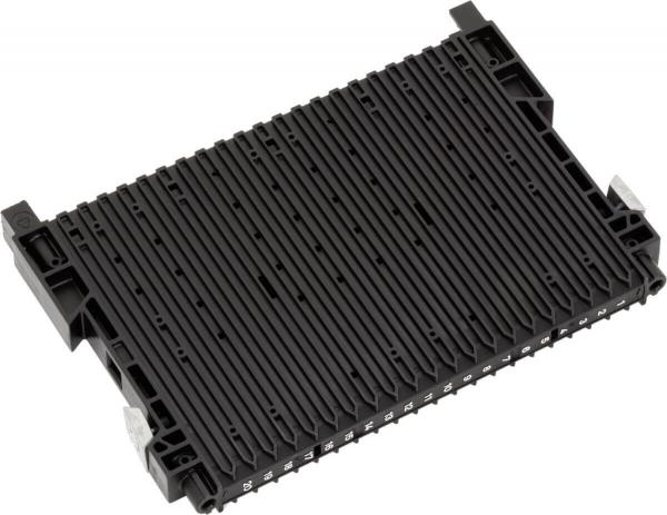 The image shows a rectangular, flat black component with many parallel grooves and side clips, likely used for electronic devices or machines.