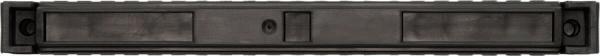 The image shows a long, narrow black object with two rectangular openings and a small round recess. It appears sturdy and could be a part of a technical device.