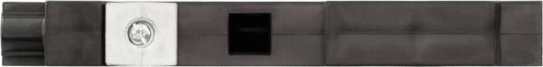 The image shows an elongated, rectangular object in dark colors, which has a white field with a symbol or logo on one side. On the opposite side, there is a small black area visible.