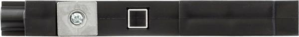 The image shows a narrow, elongated object in black with a silver, square area on the top and a round element next to it. It appears functional and modern.