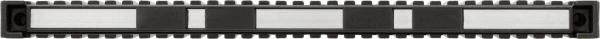 The image shows a long, narrow object with a solid structure, featuring alternating black and silver sections, and rough edges on both sides.
