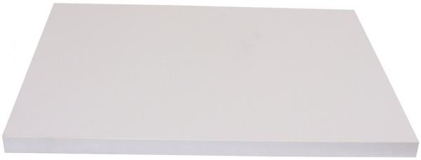 The image shows a rectangular, flat, white plate. The surface is smooth and monochrome, without any patterns or textures. The edges are straight and clearly defined.