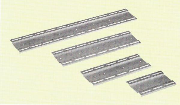 The image shows four long, narrow metal plates of different lengths. They are flat and have uniform holes in a row along the edges. The background is light.